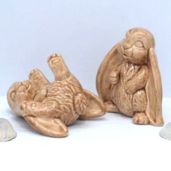 Set Of 2 Ceramic Bunny Figurines, Handmade Tan Rabbit Statues, Woodland Decor - Picture 1 of 7